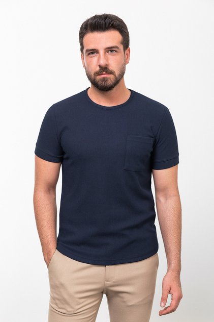 Patterned Slim Fit Crew Neck Basic Men's T-Shirt Navy Blue - 36800.23Y