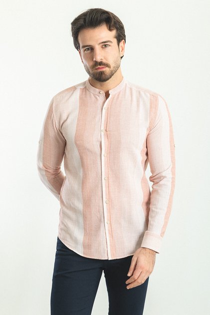 Patterned Slim Fit Judge Collar Long Sleeve Men's Shirt White-Tile - 37733.23Y