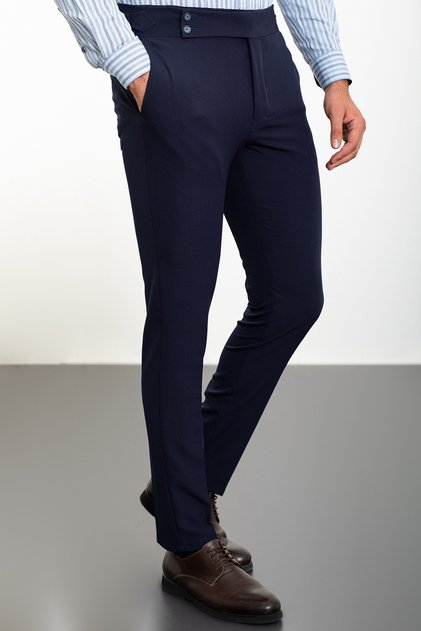 Straight Super Slim Fit Belted Men's Trousers Navy Blue - 38138.23Y