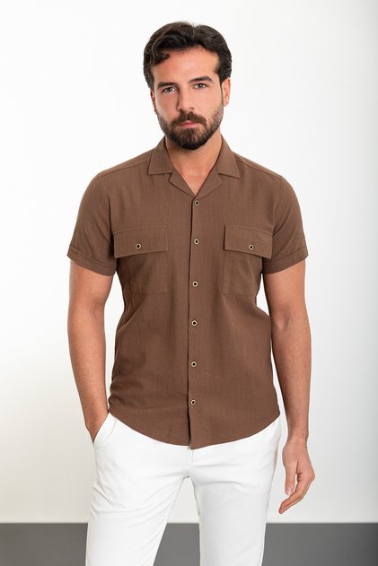 Straight Slim Fit Apache Collar Short Sleeve Linen Men's Shirt Brown - 37857.24Y