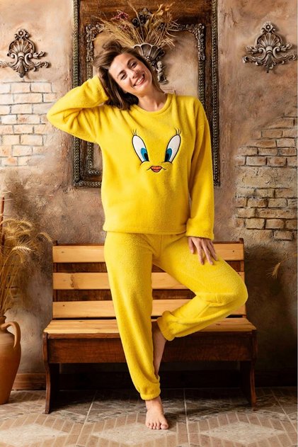 Kadın Sıfır Yaka Havlu Velsoft Pijama Takımı Peluşlu Kışlık