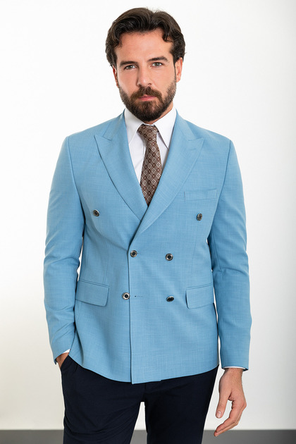 Straight Slim Fit Mono Collar Double Breasted Linen Men's Jacket Blue - 40301.23Y