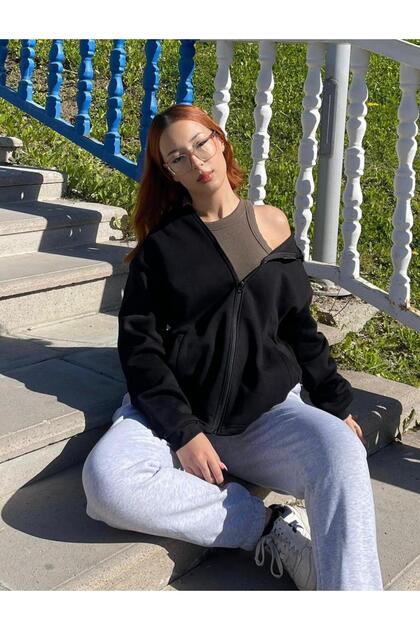 Okul Fermuarlı Kapşonlu Kanguru Cepli Düz 3 Iplik Hırka Sweatshirt Unisex
