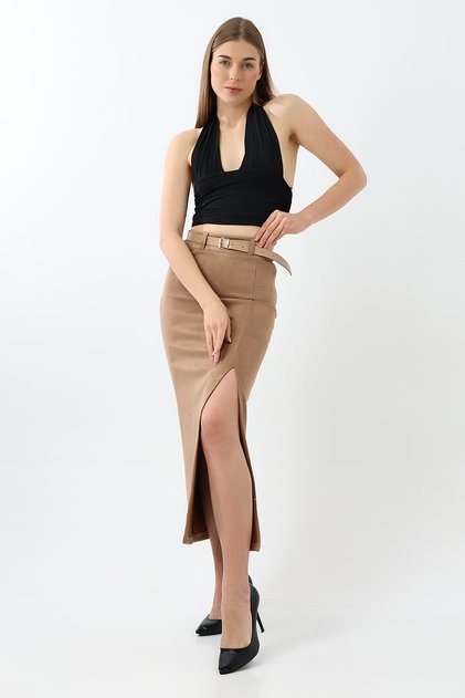 Suede Skirt Maxi Length 92 cm with Front Slit /Front Slit Maxi Long Suede Skirt