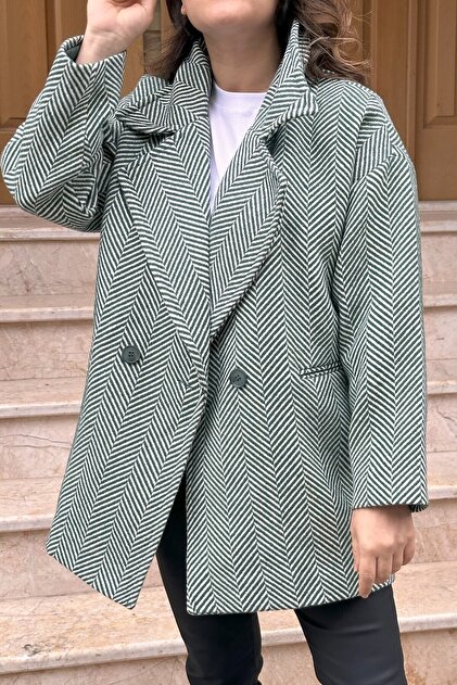 Green Cream Color Fish Back Patterned Oversize Standard Size Lined Short Coat
