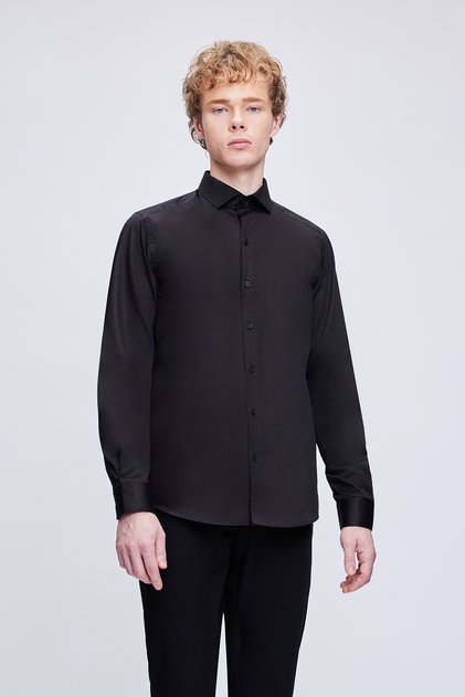 Black Slim Fit 100% Cotton Light Italian Collar Long Sleeve Satin Shirt