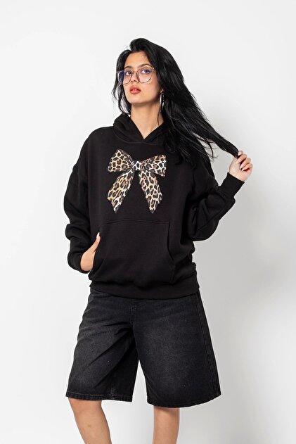 Bow Leopard Printed Oversize Unisex Premium Black Hoodie