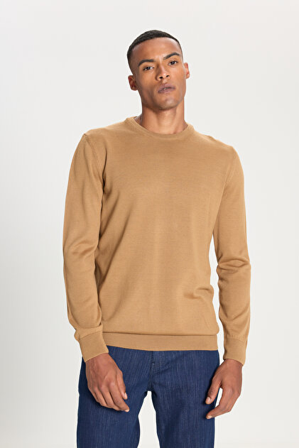 Men's Camel Standard Fit Regular Cut Crew Neck Knitwear Sweater