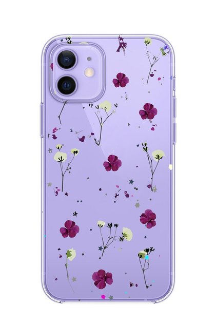 iPhone 12 & iPhone 12 Pro Compatible Purple Flowers Patterned Transparent Silicone Case Gn47