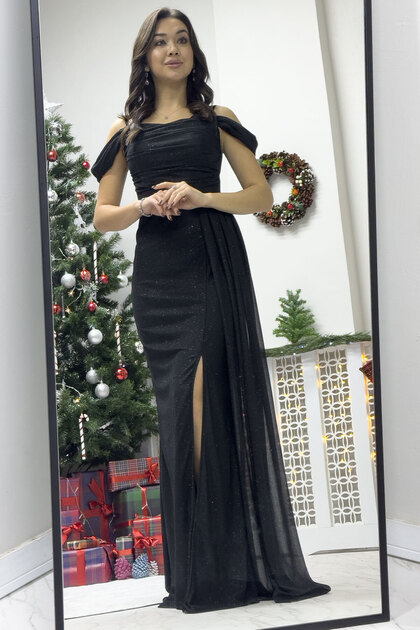 the ZKS Kadın Askılı Düşük Omuz Yırtmaç Detay Abiye Elbise Lila