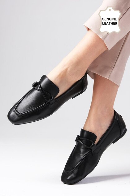 Fiona Genuine Leather Black Color Blunt Toe Women's Loafer Shoes