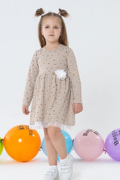 Girl's Long Sleeve Dress with Heart & Houndstooth Pattern, Ages 3-7, Beige