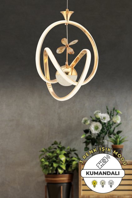 Happy Kumandalı Gold 3 Renk Işık Özellikli Dimmerli Modern Sarkıt Led Avize Salon Mutfak Avize