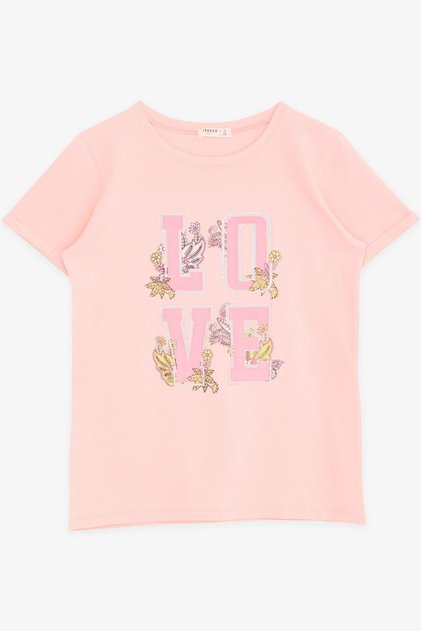 Girl's T-Shirt Glitter Text Flower Printed 10-16 Years, Salmon