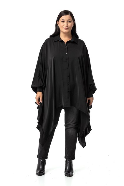 Plus Size Wide Cut Black Poncho Shirt with Flounce Sides Cuffs