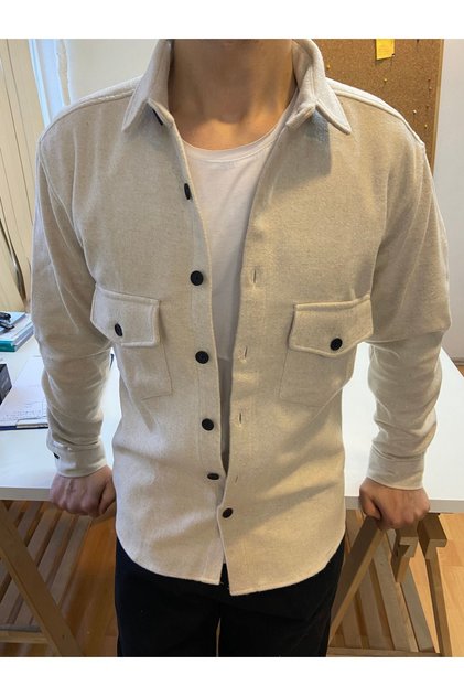 Off White Men's Slim Fit Button Collar Double Pocket Plain Lumberjack Shirt