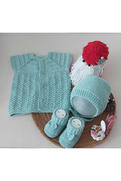 Water Green Newborn Gift Baby Hand Knitted Cotton Vest Lora Hat Booties Triple Set 0-12 Months