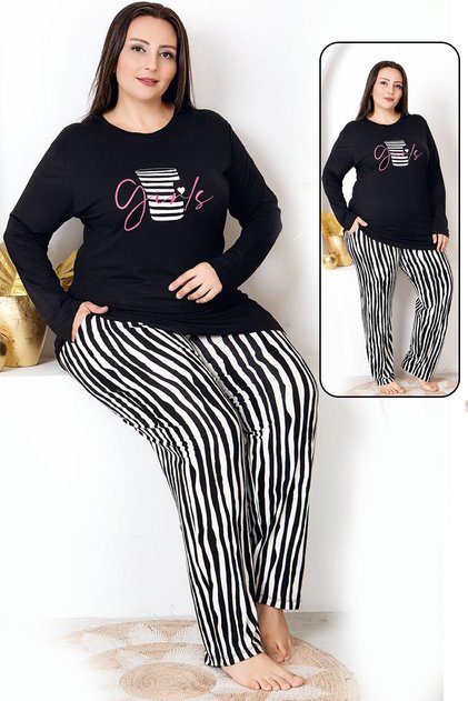 Long Sleeve Crew Neck Top and Nail Pattern Bottom Plus Size Viscose Fabric Pajamas Set 11398