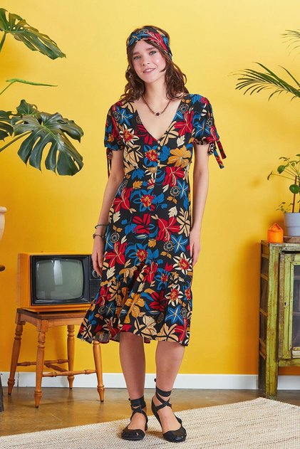 Front Slit Floral Patterned Bohemian Dress
