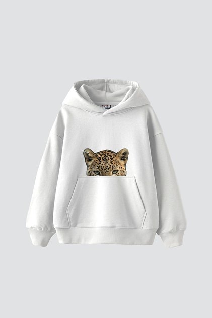 Leopard Eyes Printed Oversize Unisex Premium White Hoodie