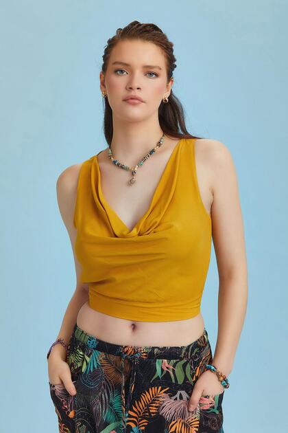 Elastic Sleeveless Degaje Collar Yellow Stylish Crop Blouse