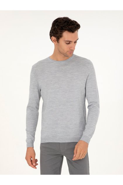 Light Gray Slim Fit Crew Neck Wool Blended Basic Knitwear Sweater 50293301-Vr001