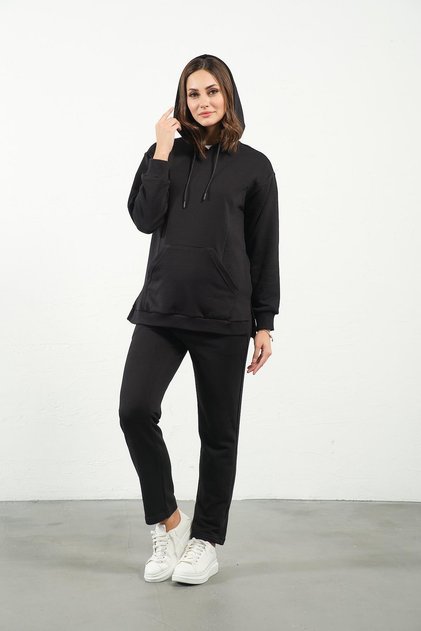 Maternity Stretchy Abdominal Band Adjustable Waist Hooded Nursing Detailed Tracksuit Set Black