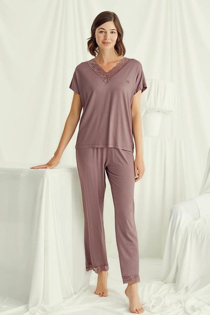 18512 Women's V-Neck Short Sleeve Pajamas Set-Brown