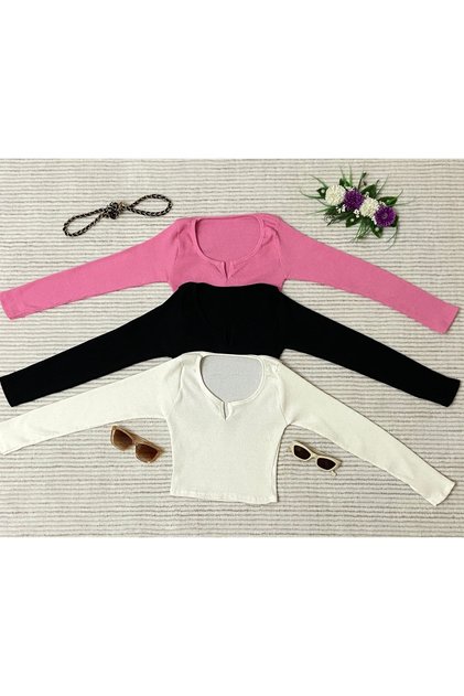 Kadın 3'lü Paket %100 Pamuklu Fitilli Kaşkorse V Yaka Uzun Kollu Crop Bluz