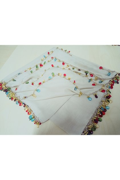 Handmade Crystal Drop Stone Beaded Writing, Cheesecloth Yemeni, Scarf, 4 Edge-Embroidered