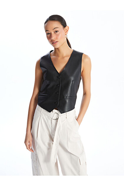 Lcwk V-Neck Leather Look Women's Classic Vest