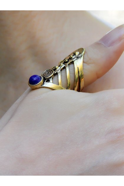 Natural Stone Round Lapis Natural Stone Antique Adjustable Women's Ring Euy46L