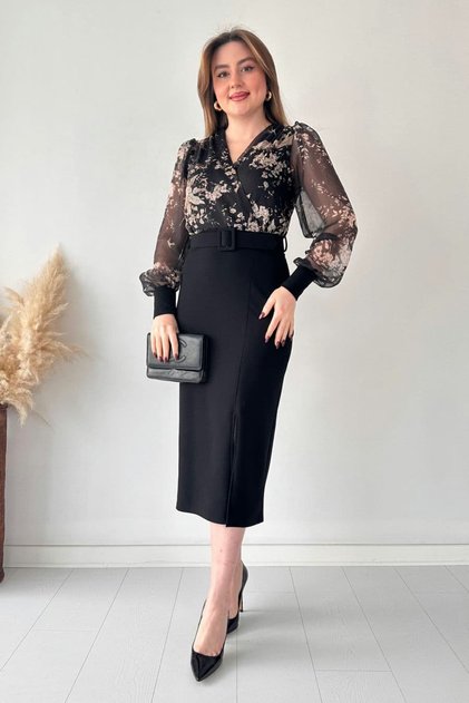 Spring Chiffon Pencil Dress Black