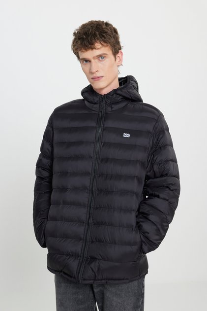 Regular Fit Normal Cut Hooded Full Zipper Black Puffer Coat