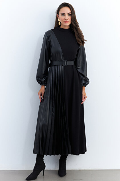Cool & Modest Black Faux Leather - Pleated Block Maxi Women's Dress  Malz100- Trendyol