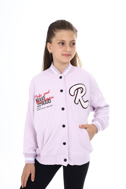 Girls' College Collar Snap Closure Pocket Low Shoulder Embroidery Printed Knitted Cardigan - 2 Thread Shardo
