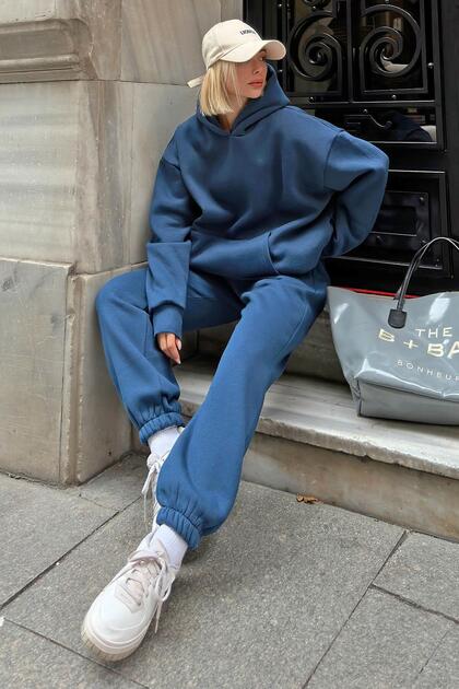 Indigo Felpa Hooded Sweatshirt-Sweatpants with Ribbon Inside Women's Tracksuit Set