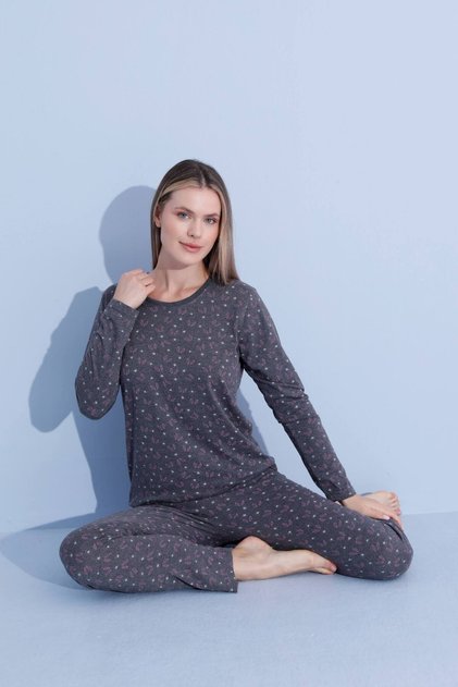 Pamuklu Gri Desenli Kadın Uzun Kol Pijama Takımı