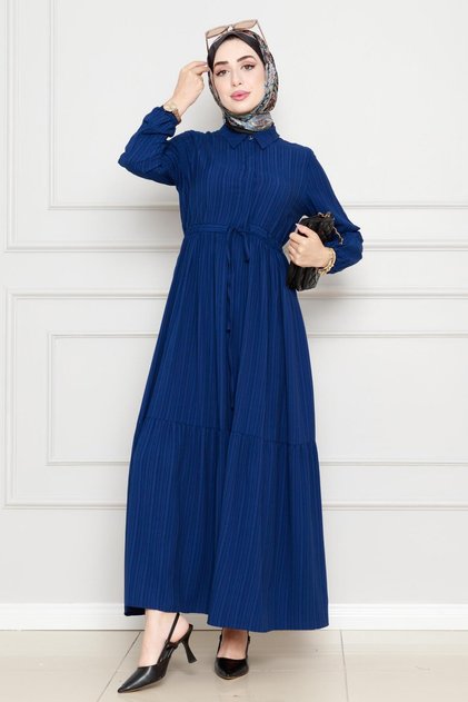 Shirt Collar Waist Tunneled Saree Dress-Navy Blue