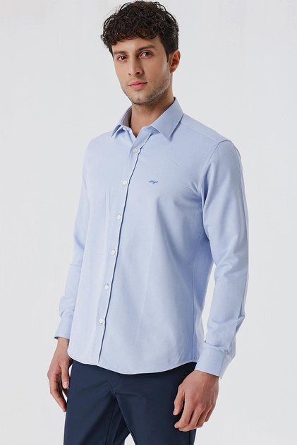 Blue Long Sleeve Dobby Pocketless Cotton Lycra Slim Fit Slim Fit Shirt1004240193
