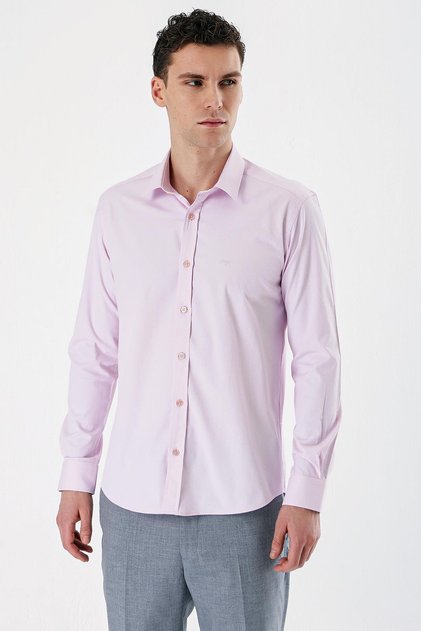 Pink Long Sleeve Dobby Pocketless Cotton Lycra Slim Fit Slim Fit Shirt1004240193