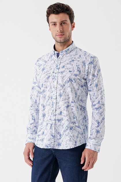 White Long Sleeve Printed Cloth Leg Pocketless Garnished Classic Slim Fit Slim Fit Shirt1004230229