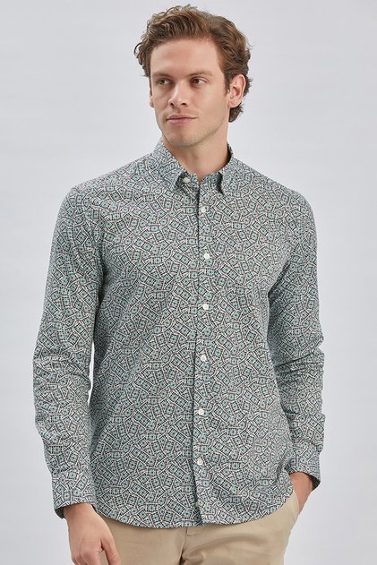Green Long Sleeve Printed Buttoned Collar Pocketless Cotton Classic Slim Fit Shirt 1004240215