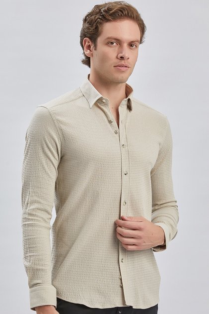 Beige Long Sleeve Ribbed Collar Cotton Lycra Casual Slim Fit Shirt 1004240232