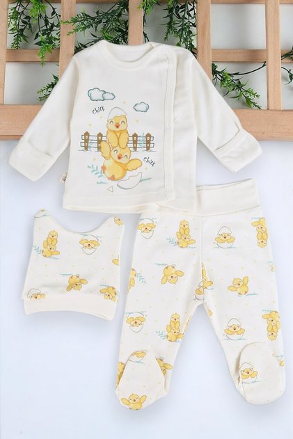Baby 100% Cotton Chick Printed 3-Piece Bodysuit Set with Hat and Gloves R941