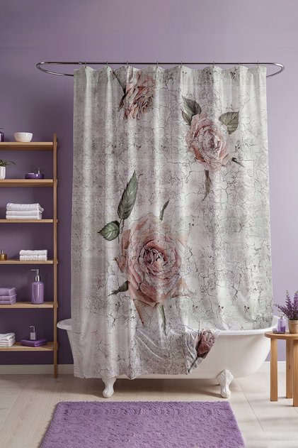 Banyo Perdesi, Eskitme Vintage Pembe Güller Desenli Duş Perdesi, Küvet Perdesi 175x200cm