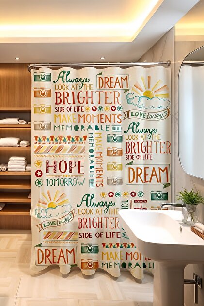 Banyo Perdesi, Motivasyon Yazılı Desenli Duş Perdesi, Küvet Perdesi 175x200cm