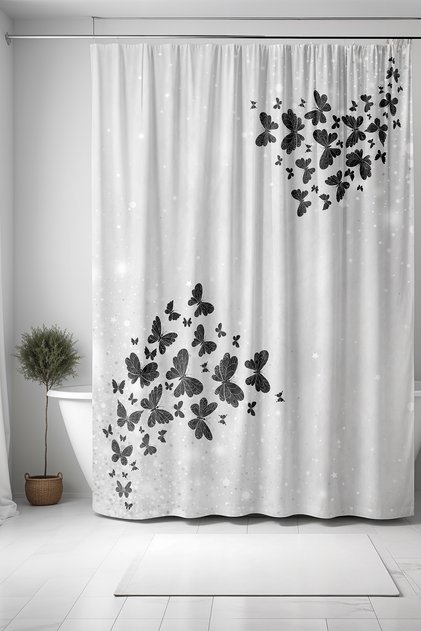 Banyo Perdesi, Siyah Beyaz Uçusan Kelebekler Desenli Duş Perdesi, Küvet Perdesi 175x200cm