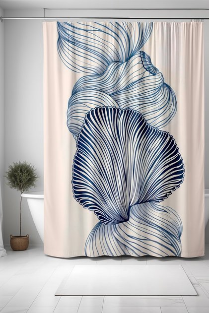 Bathroom Curtain, Blue Ethnic Seashells Pattern Shower Curtain, Bathtub Curtain 175X200Cm