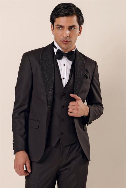 Men's Black Patterned Detachable Shawl Collar Vest 6 Drop Slim Fit Tuxedo Groom Suit 1001230203